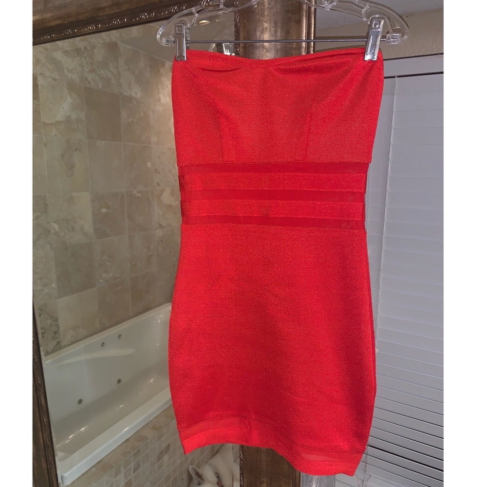 Red BCBG bandage dress with mesh inserts